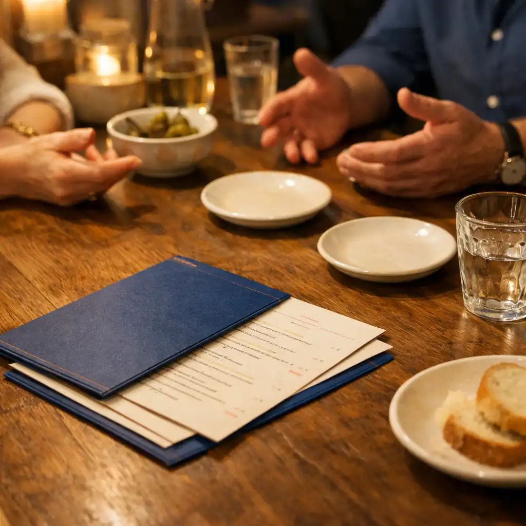 Papierowe karty, dłonie gości i talerze na ciepło oświetlonym stole w restauracji