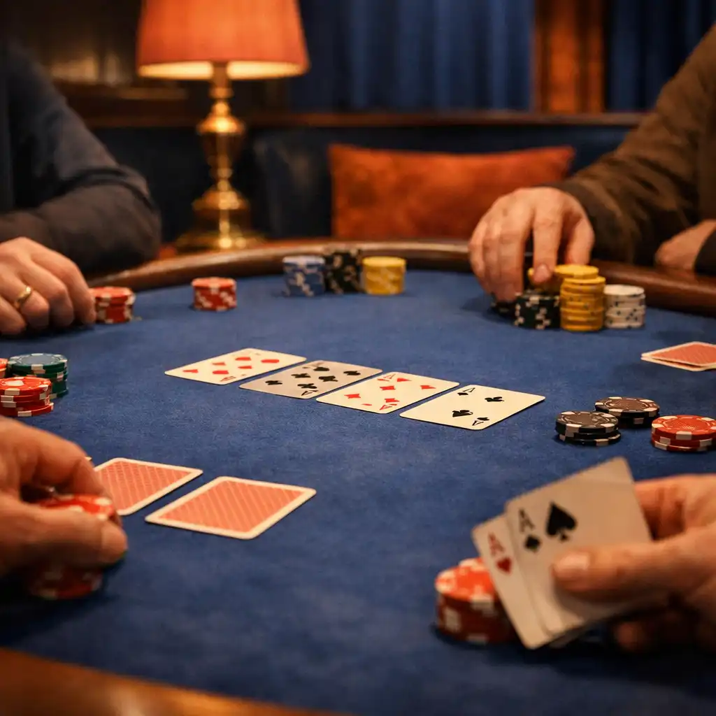 Prawdziwe karty i dłonie osób przy fizycznym stole pokerowym