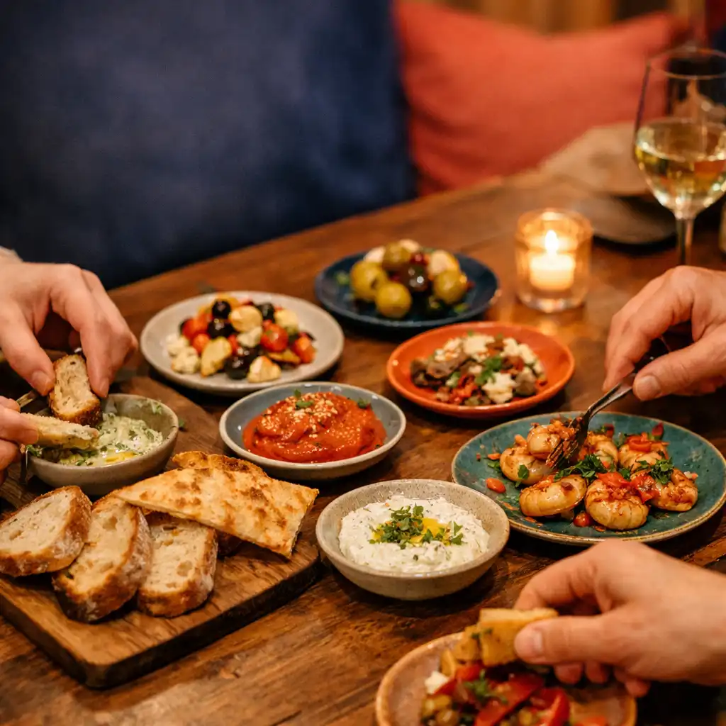 Kolorowe przekąski, pieczywo i dipy na restauracyjnym stole