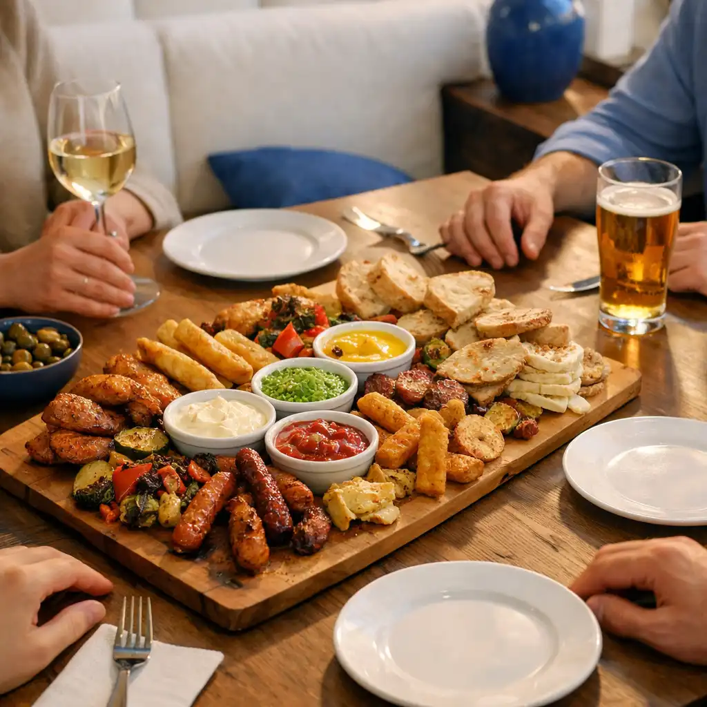 Wspólny restauracyjny stół z deską przekąsek, dipami i pieczywem