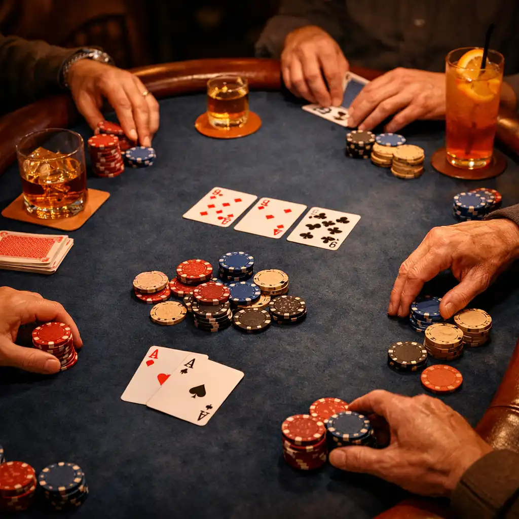 Fizyczny stół pokerowy z kartami, żetonami i dłońmi uczestników