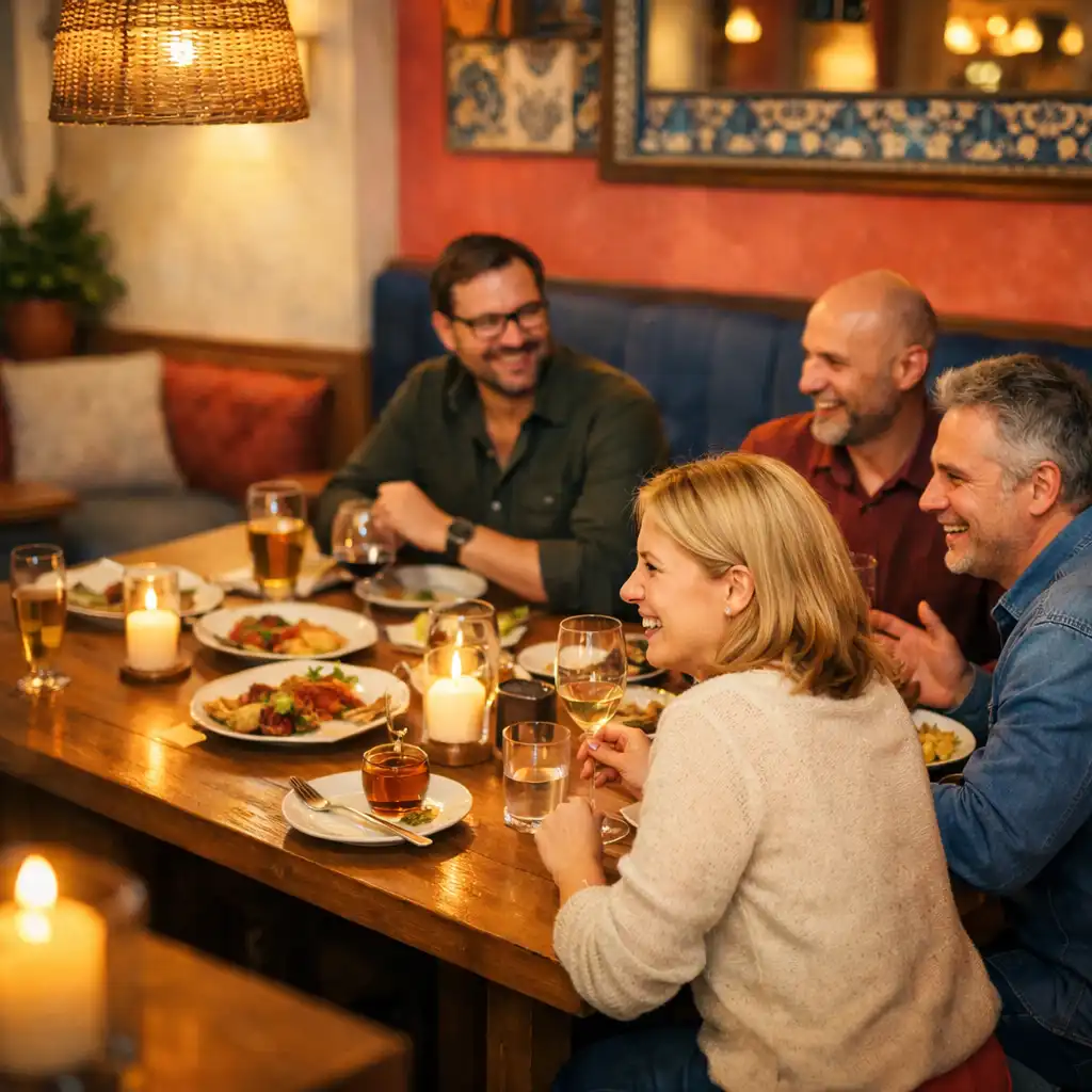 Grupa dorosłych rozmawiająca przy wspólnym stole w restauracji