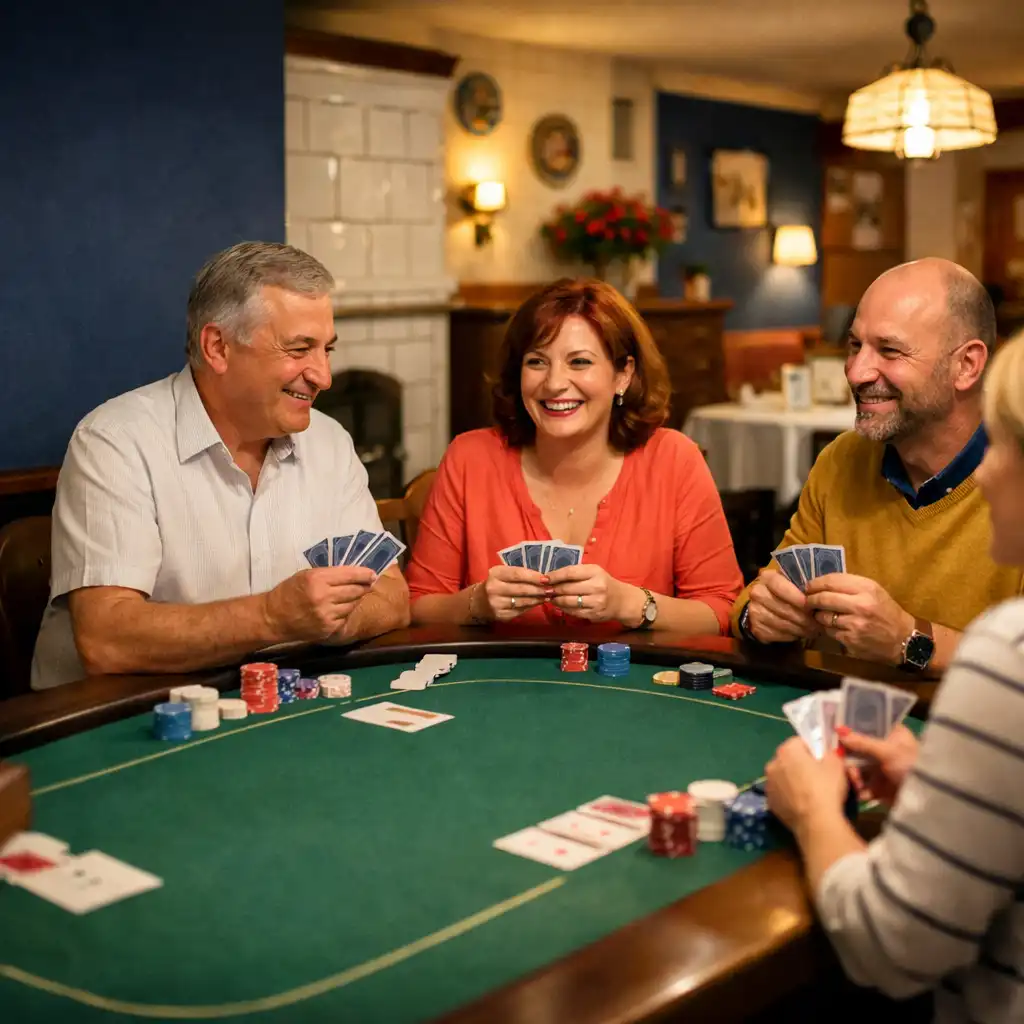 Dorośli goście rozmawiają przy fizycznym stole pokerowym w Salon przy Stole