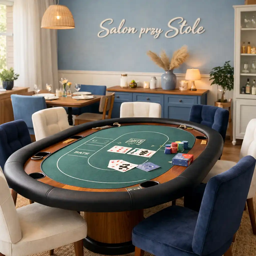 Jasne wnętrze Salon przy Stole z fizycznym stołem pokerowym pośrodku