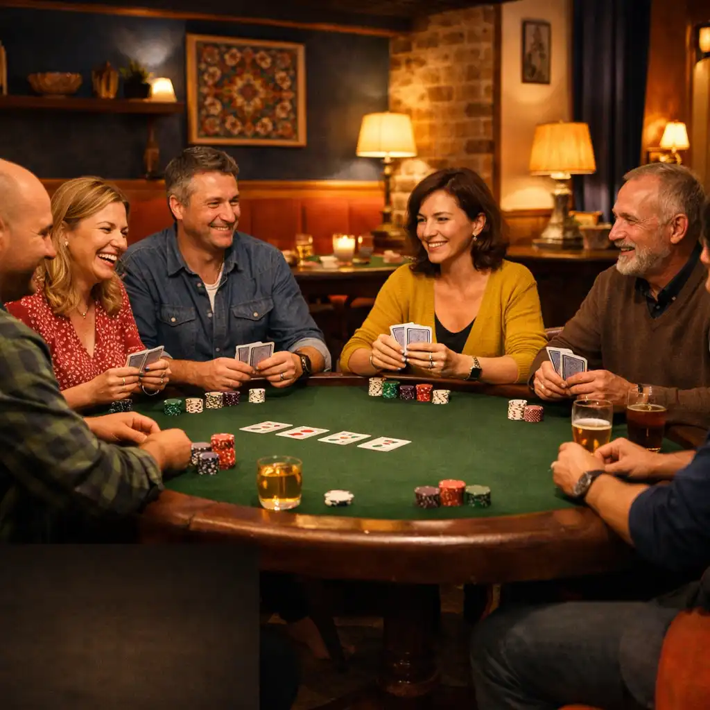 Grupa dorosłych osób spędza wspólny wieczór przy fizycznym stole pokerowym