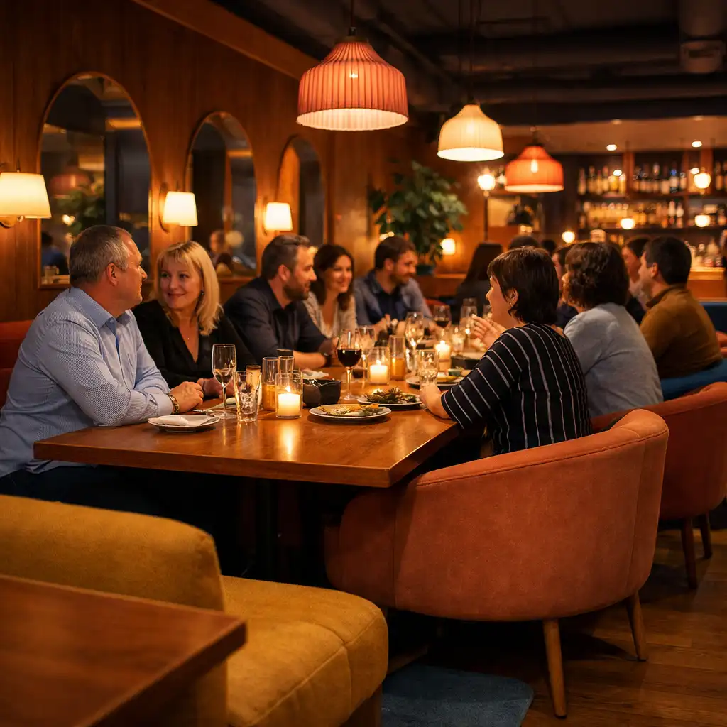 Goście rozmawiający przy długim stole we wnętrzu restauracji