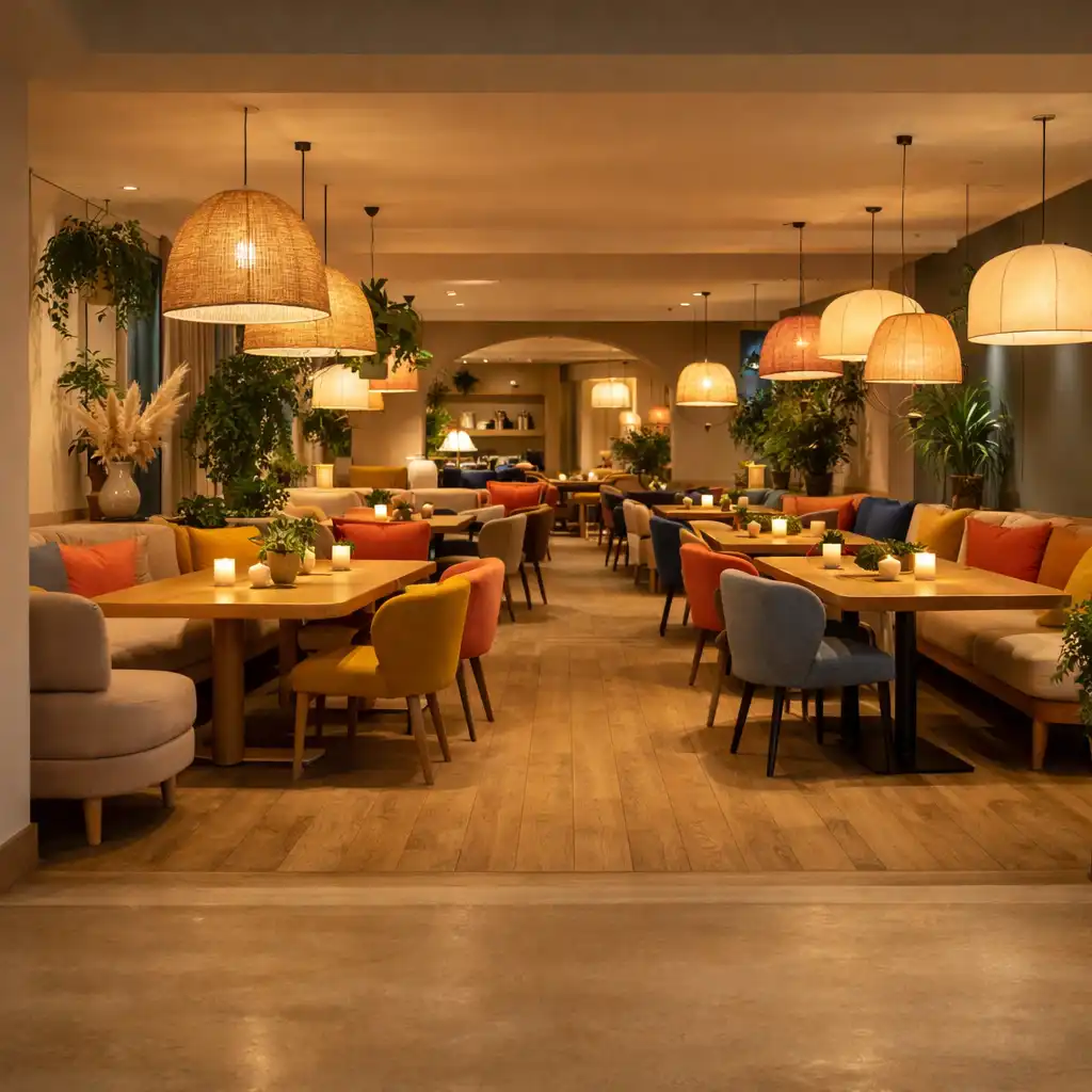 Przyjazne wnętrze restauracji ze wspólnymi stołami i ciepłym oświetleniem