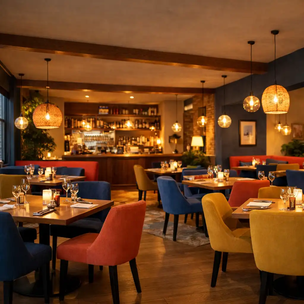 Ciepło oświetlone wnętrze restauracji z kilkoma stołami i kolorowymi akcentami