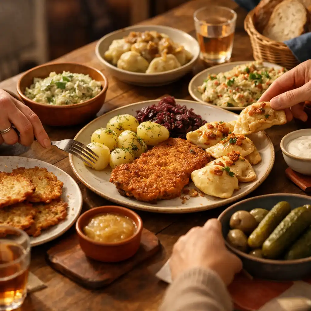 Dania i dłonie gości przy wspólnym restauracyjnym stole
