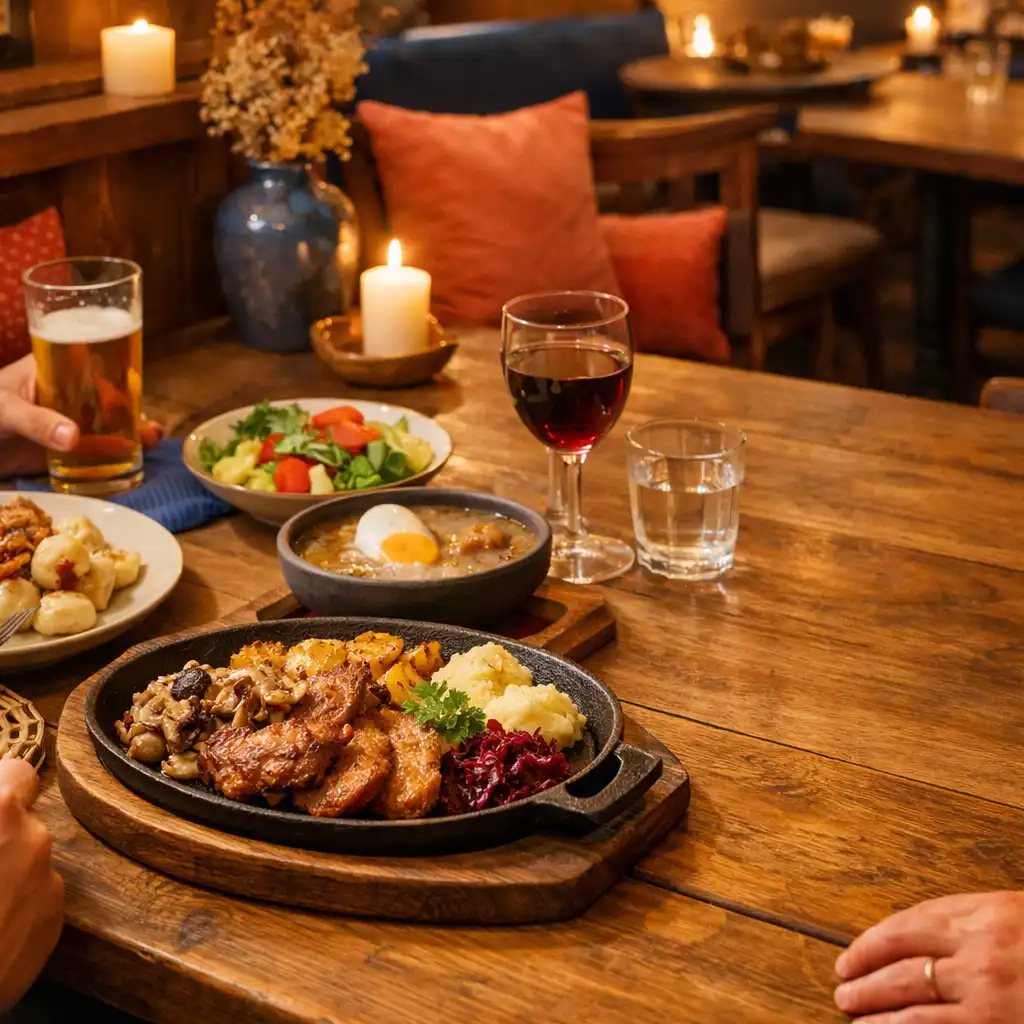 Wspólny restauracyjny stół z daniami, szklankami i dłońmi gości